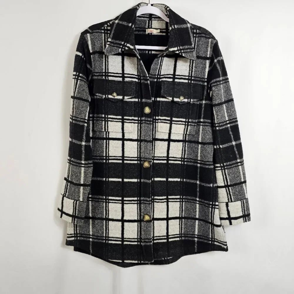 Faherty Legend Long Sleeve Sweater Overshirt in Black and White Plaid - Size S